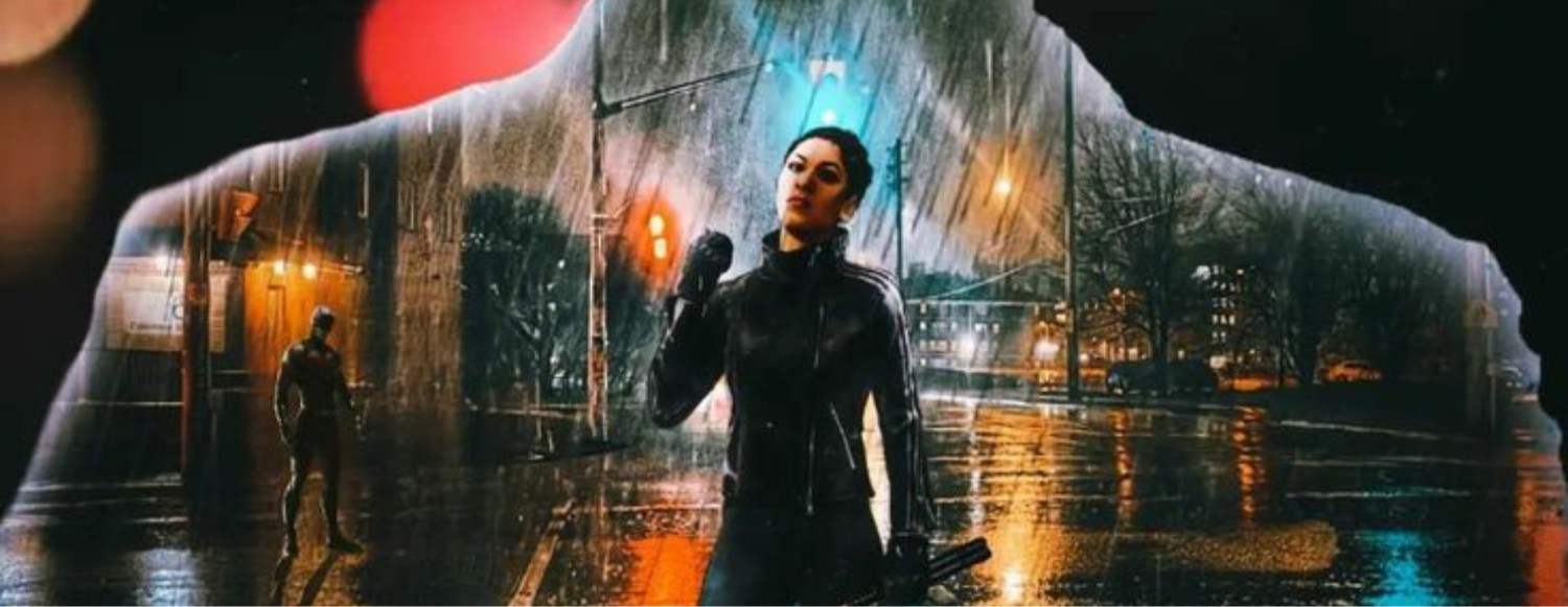 Cinematic AI-generated scene showing a woman in a futuristic urban environment